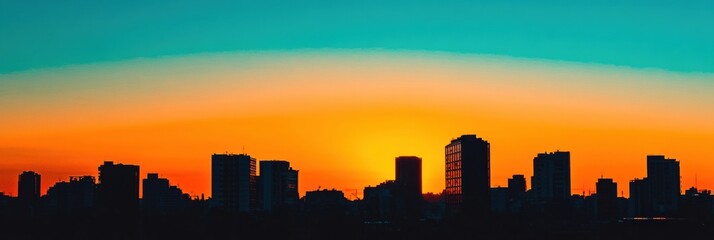 Tall modern buildings create striking silhouettes against a colorful sunset sky, highlighting the beauty of an urban skyline at dusk. Generative AI
