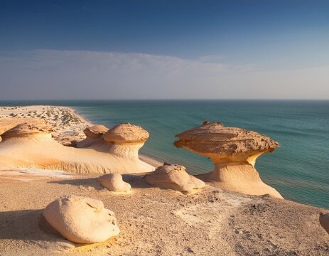The Rocky and Rugged Coastline of Zekreet in Qatar, Featuring Unique Mushroom-Shaped Rock Formations and Windswept Plains That Stretch Towards the Endless Horizon of the Arabian Gulf