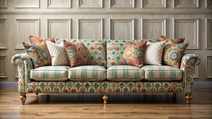 chic lounge with patterned sofa and cushion aerial view