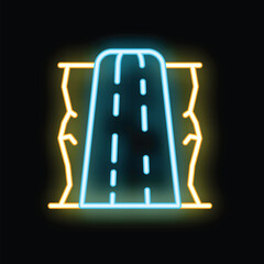 Neon icon of a road leading off a cliff edge, representing risk taking and danger