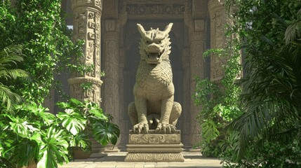 Majestic Mythical Creature Statue in Grand Courtyard Surrounded by Ancient Architecture - Ultra-Detailed 3D Render