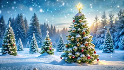 Fototapeta premium Close-Up Christmas background with snowy forest, Christmas tree, and lights