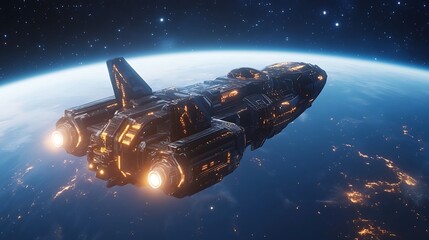 Spaceship glowing galaxy orbiting distant planet picture