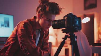 Content Creator Setting Up a Camera for a Vlog in a Home Office