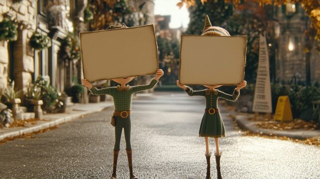 funny little elfes holding a blank sighn for a christmas message 