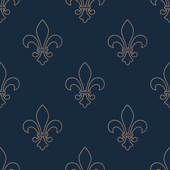 Bronze outline fleur de lys on indigo blue background. Vector seamless pattern. Best for textile, wallpapers, wrapping paper, package and web design.