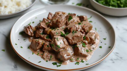 Beef cubes in creamy sauce garnished with parsley on a plate
