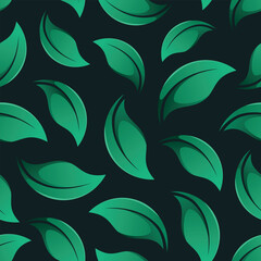 Green leaves on a black background. Vector seamless pattern. Vibrant natural design.