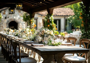 Here's a possible  and keyword list for the image.. Elegant outdoor wedding reception table setting.