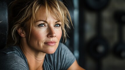 Fototapeta premium Portrait of a thoughtful, middle-aged woman with blonde hair and blue eyes, sitting in a gym.