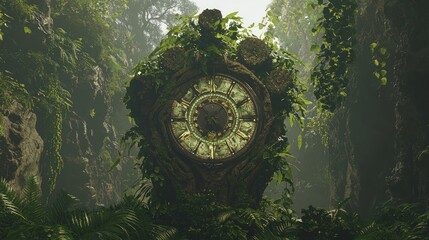 Obraz premium Surreal 3D Render of Clock Tree Statue in Mystical Forest Symbolizing Passage of Life | Ultra-Detailed Digital Artwork for Contemplation