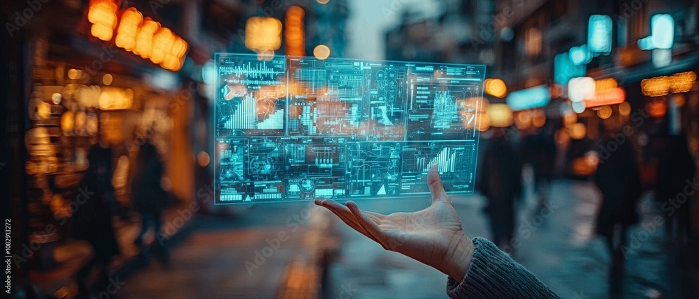 Poster project management holographic interface in urban environment interactive digital display nighttime 