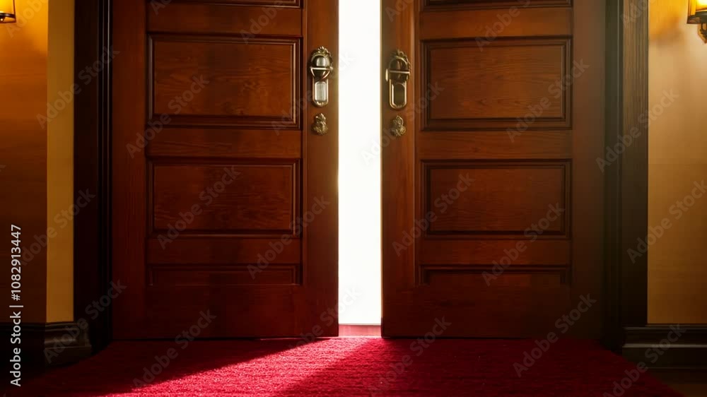 Poster brightly lit open door revealing red carpet in inviting space generative ai