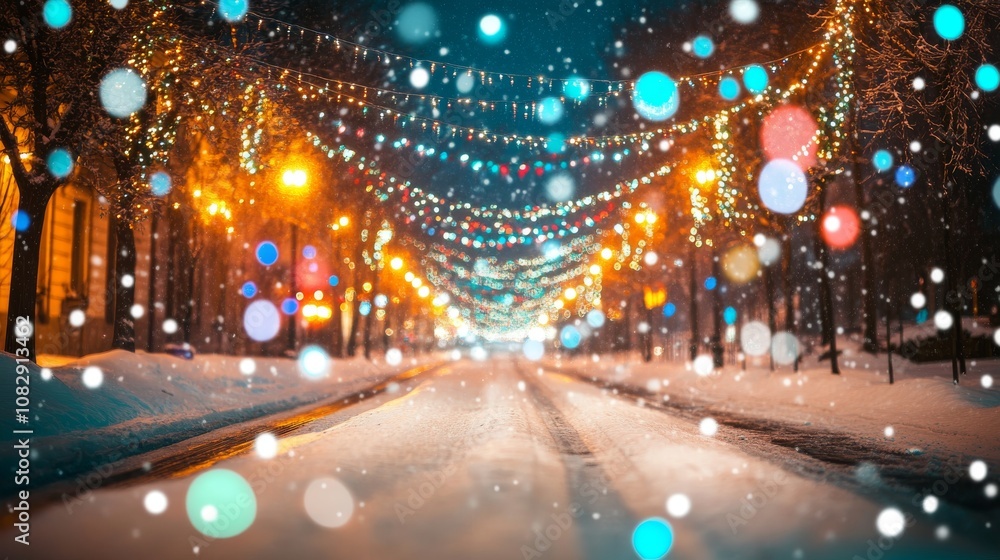 Poster Defogged night city in winter with bokeh lights