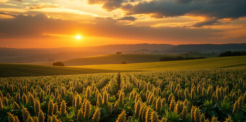 a vibrant green soybean field, golden sunset skies, lush nature landscape