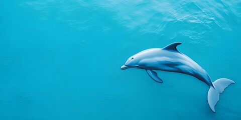 Obraz premium A solitary dolphin icon placed on the right side, surrounded by a wide blue expanse with space for text --ar 2:1 --s 50