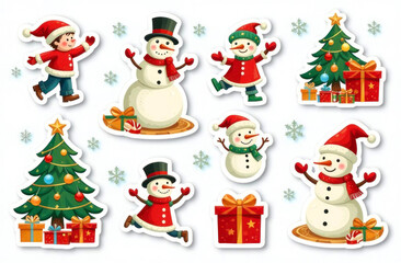 A collection of festive Christmas stickers displaying joyful characters, decorated trees, and wrapped gifts