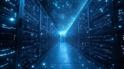 A dark and futuristic server room with glowing lights and a tiled floor.  The room is filled with rows of servers, all humming with activity.  The lights create a sense of energy and excitement, as if