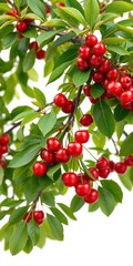 Obraz premium A beautiful cherry tree with lush green leaves and vibrant red cherries on an isolated white background, white background, plant