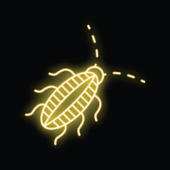 Bright yellow neon cockroach is moving on a black background leaving a dotted trail