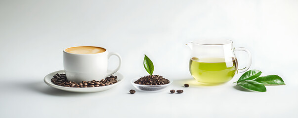 Obraz premium cup of coffee and cup of tea with leaves and beans, tea vs coffee, caffeine or antioxidant benefit or harm, morning beverage banner, world international tea coffee day