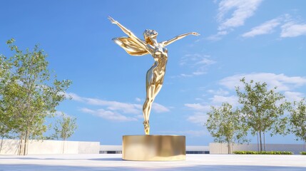 Fototapeta premium Enchanting Bronze Ballerina Statue in Mid-Pirouette in Cultural District | Striking 3D Render Digital Artwork Celebrating Dance Performance
