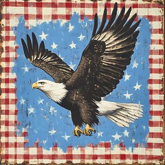 Naklejka premium Bald Eagle Soaring Over a Distressed American Flag