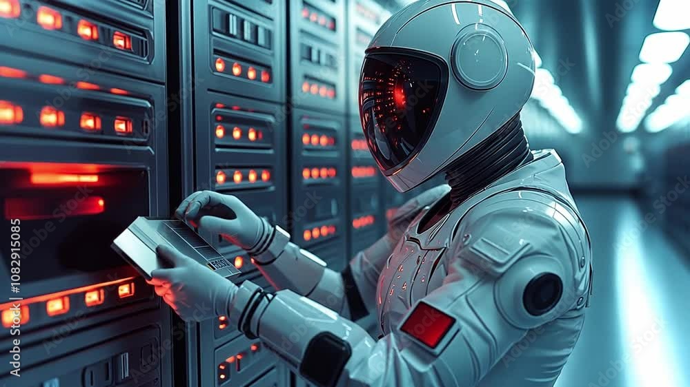 Poster astronaut working on a high-tech computer system in a futuristic data center at night