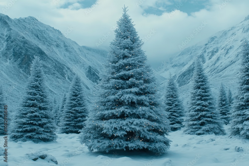 Wall mural A snow-covered Christmas tree with lights stands tall in a snowy forest, with mountains in the background.