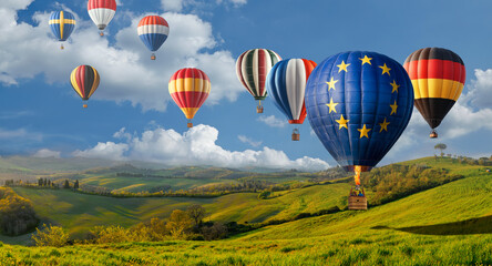 Obraz premium hot air balloon EU and member country flags in beautiful wide panorama on tuscany landscape . european union EU flag member countries tourism travel and politics concept background