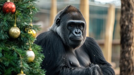 Obraz premium Gorilla by a festive outdoor tree