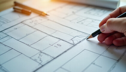 Creative mind at work during a sunny afternoon sketching architectural plans on a desk with tools in hand