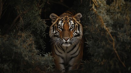 A proud Siberian tiger. Tiger in the bush