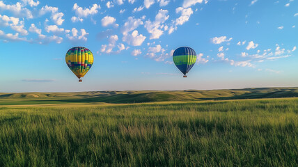 Obraz premium 青空と緑のフィールド上に浮かぶ熱気球