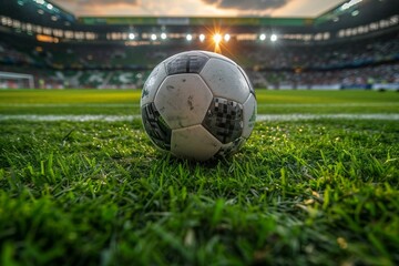 Green field in soccer stadium, ready for game in the midfield.