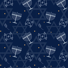 Happy Hanukkah Seamless Pattern with traditional holiday symbols.Hanukkah background with holiday candles and David stars. 