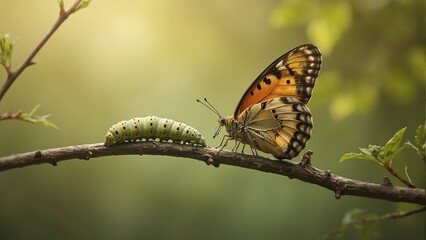 Metamorphosis of a caterpillar into a butterfly on a branch symbolizing growth