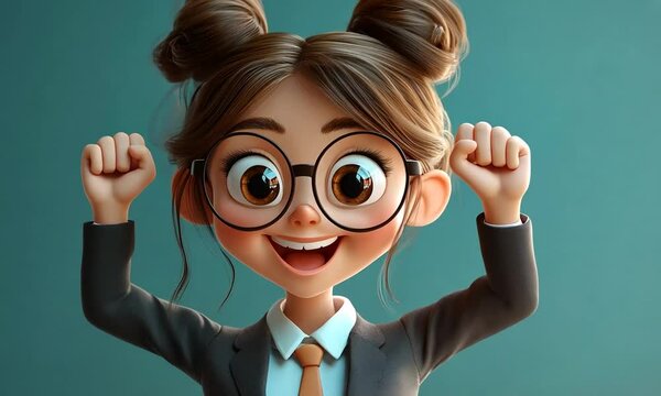 Cheerful animated character celebrating success.