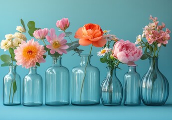 A row of glass vases with assorted pink, orange, and white flowers against a blue background.