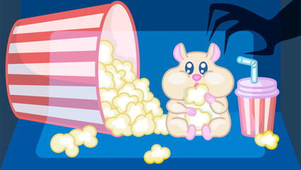 Hamster watching movie and eating popcorn. Cute little animal impressed or scared by horror, blockbuster, comedy. Kawaii cutie eating snack. For advertising cinema search, cinema, entertainment.