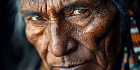 An Elder With Weathered Skin and Piercing Eyes Looks Directly at the Camera, Showcasing the Wisdom of a Lifetime Through Deep Lines and Traditional Adornments