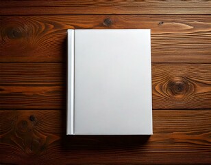 Book cover mockup blank white notebook lying down on a brown wood table top down overhead view, graphic design resource 
