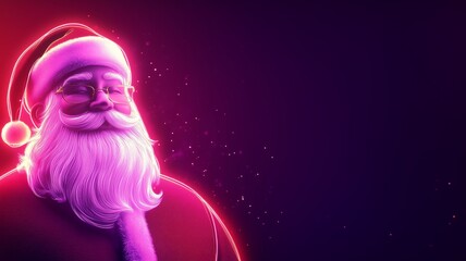 Glowing neon Santa Claus against dark background with copy space. Christmas concept.