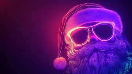 Glowing neon Santa Claus with sunglasses against dark background with copy space. Christmas concept.