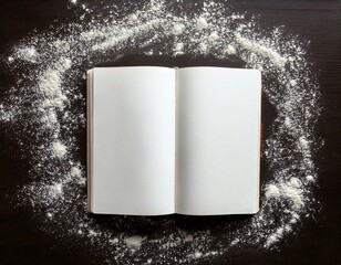 Book design mockup blank white open recipe cook baking notebook lying down on a brown wood table covered in flour from cooking top down overhead view, graphic design resource
