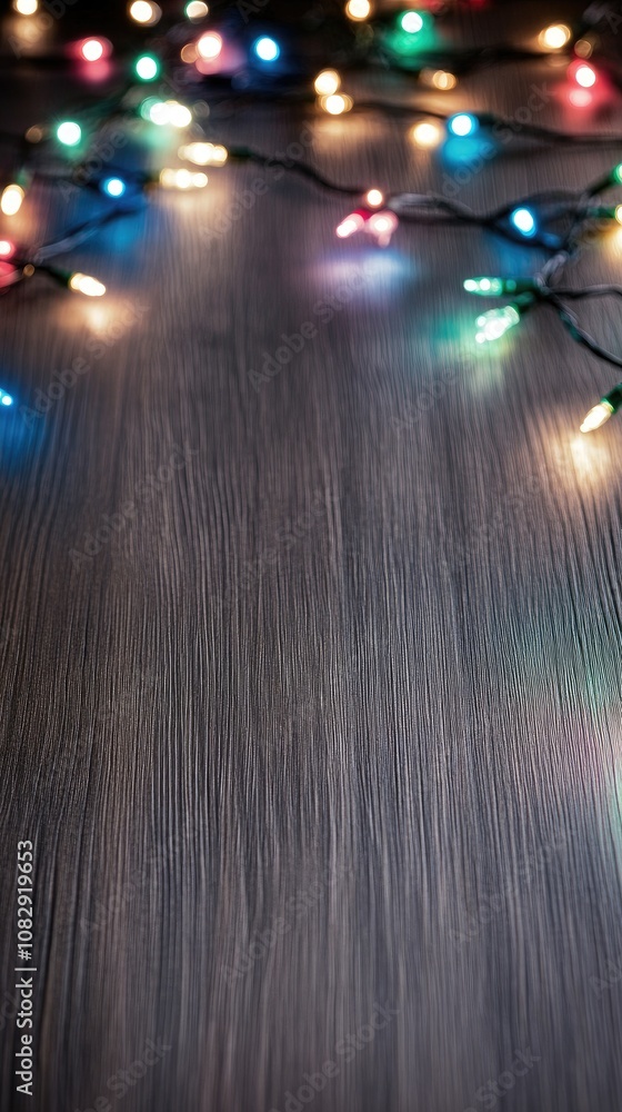 Aufkleber a joyful array of colorful christmas lights scattered across a rustic wooden table, creating a festi