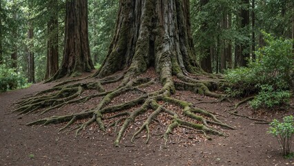 Obraz premium Majestic redwood tree with deep roots symbolizing strength