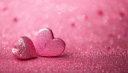 Obraz premium Pink hearts on bright glittering backdrop. Vivid sparkles. Valentine's Day, romantic greeting card.