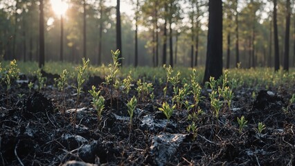 Obraz premium Forest renewal after wildfire with young green shoots sprouting from charred ground
