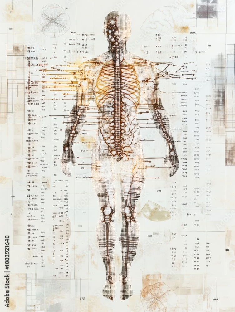 Poster Overlay of human anatomy with genetic code symbols highlights the connection between DNA and biological functions. Generative AI